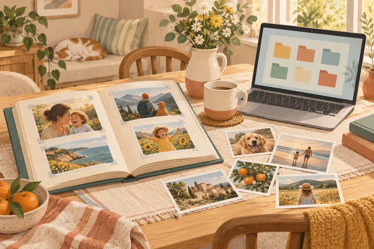 Ilustracja albumu, uporządkowanych rodzinnych fotografii i laptopa na stole.
